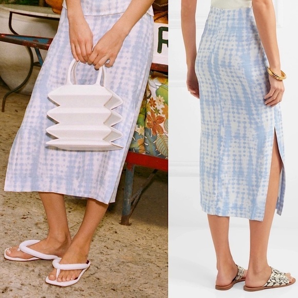 STAUD 90s Pastel Cloud Dye Print High Waist Side Slit Pencil Midi Slip Skirt 2 - Picture 4 of 8